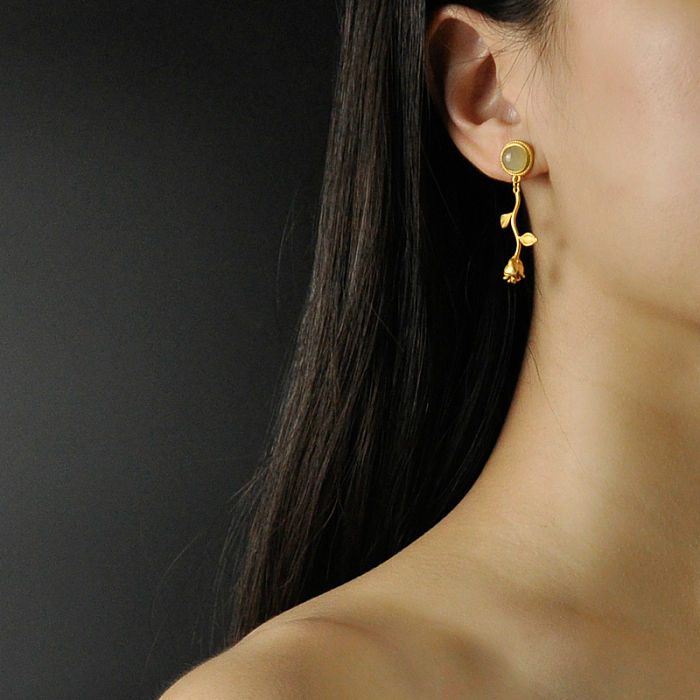 Best Online Earrings - Rose - Chinese Jade Gilt Silver Earrings | LIGHT STONE