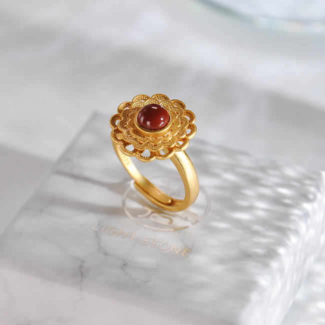 Sunflower - Red Agate Gilt Silver Ring