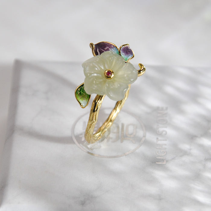 Online Ring Shop -  Flower - Chinese Cloisoinne Jade Silver Ring | LIGHT STONE