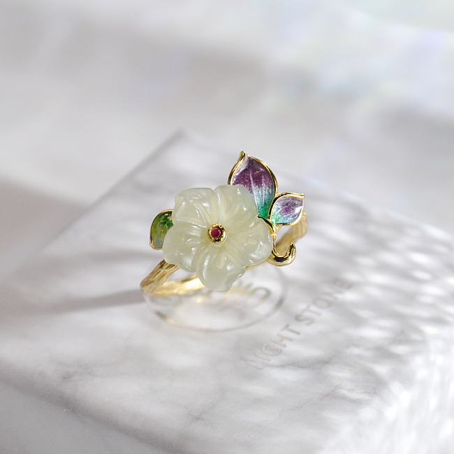 Flower - Cloisoinne Jade Silver Ring