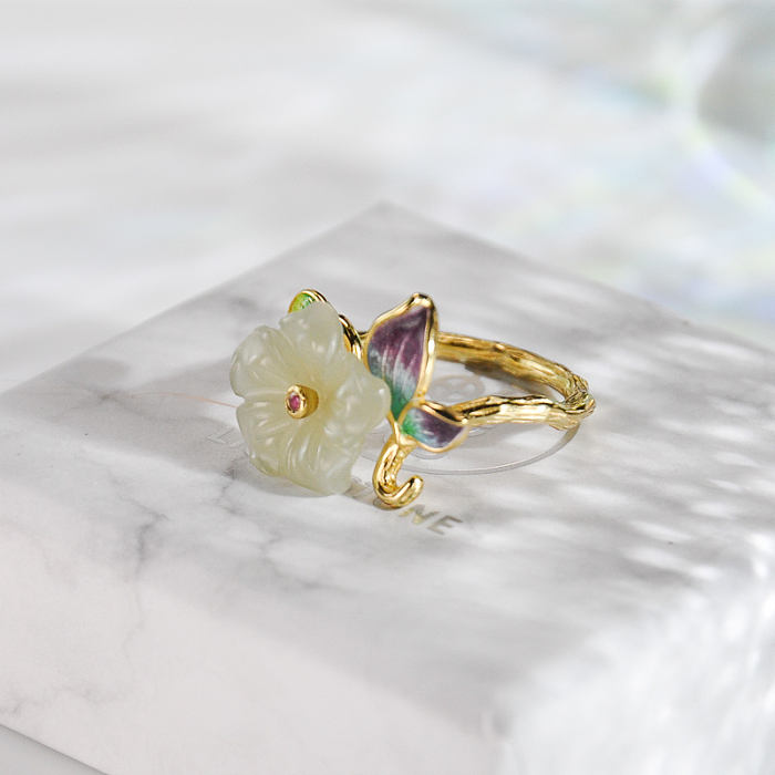 Online Ring Shop -  Flower - Chinese Cloisoinne Jade Silver Ring | LIGHT STONE