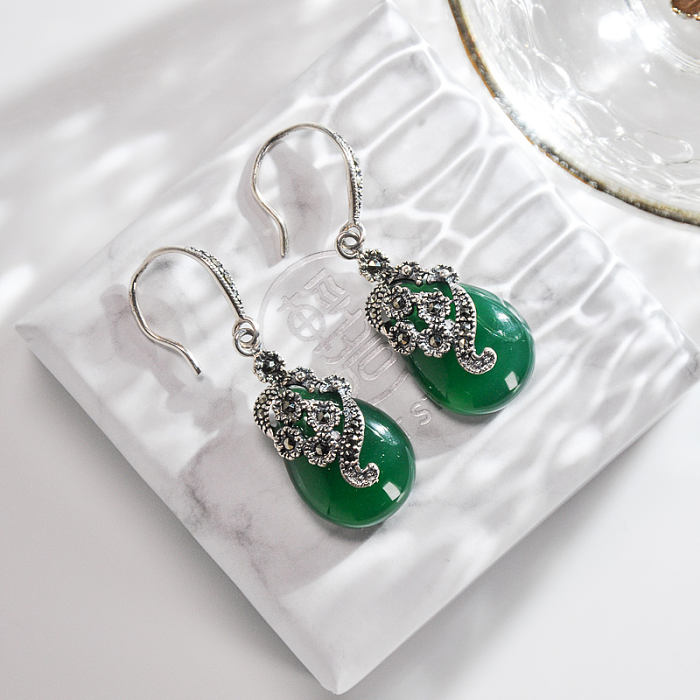 Chinese Artisan Jewelry -Mosaic Flower - Green Chalcedony Earrings| LIGHT STONE
