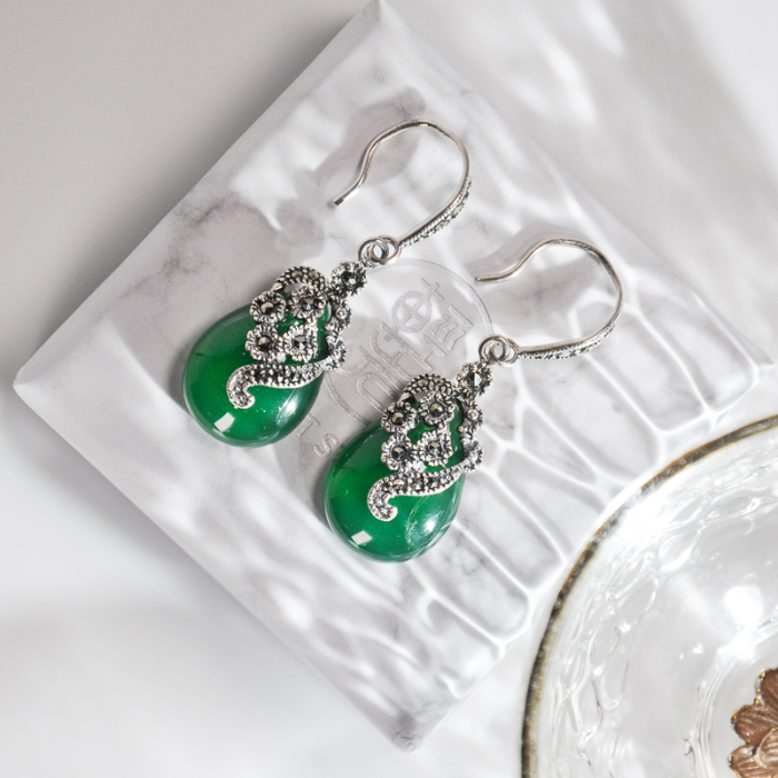 Chinese Artisan Jewelry -Mosaic Flower - Green Chalcedony Earrings| LIGHT STONE