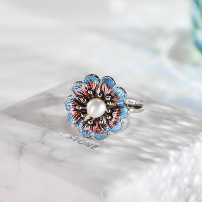Flower - Chinese Cloisonne Enameling Flower Silver Ring - Online Shop| LIGHT STONE