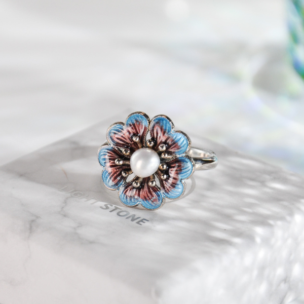 Flower - Cloisonne Enameling Silver Pear Ring