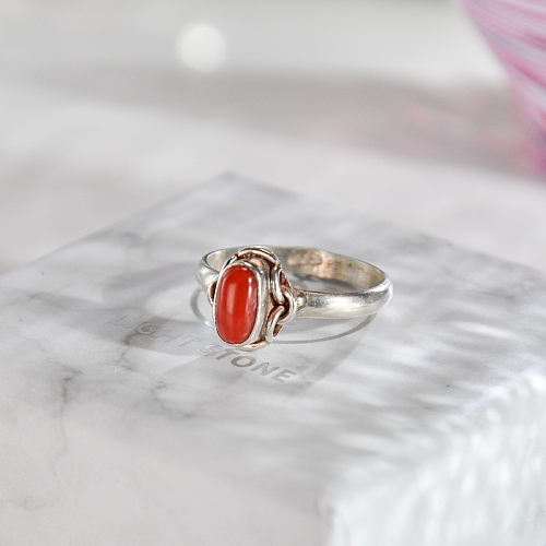 Oval - Red Coral Handmade Silver Ring