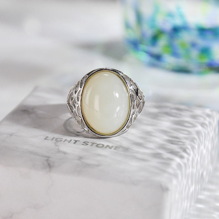 Chinese Artisan  Jewelry- Vintage Flower - White Jade Silver Ring | LIGHT STONE