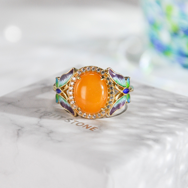 Butterfly - Cloisonne Enameling Amber Silver Ring