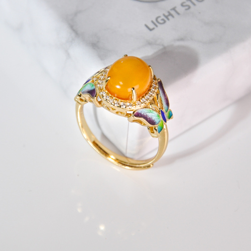 Butterfly - Cloisonne Enameling Amber Silver Ring