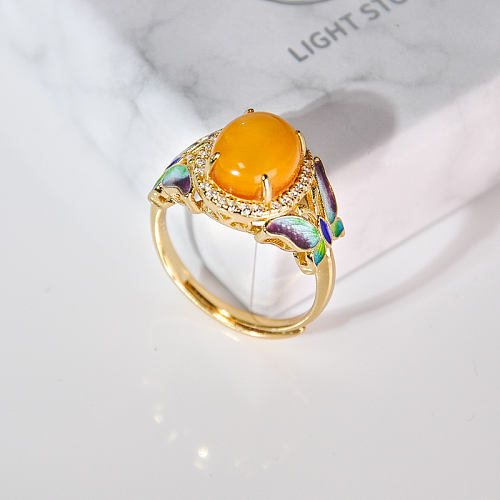 Butterfly - Cloisonne Enameling Amber Silver Ring