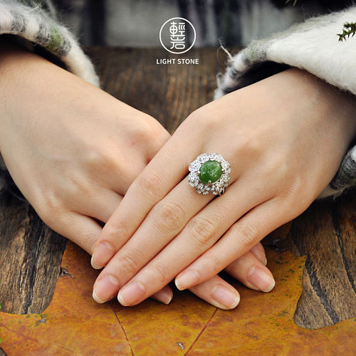 Flower -Green Hetian Jade Silver Ring