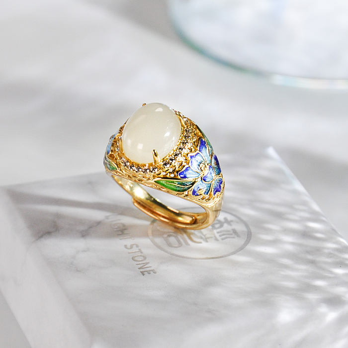 Peony - Chinese Cloisonne Silver Jade Ring - Online Shop  | LIGHT STONE