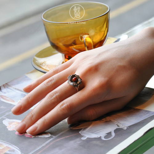 Peony -  Red Agate Silver Ring