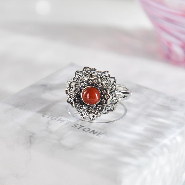 Peony -  Red Agate Silver Ring