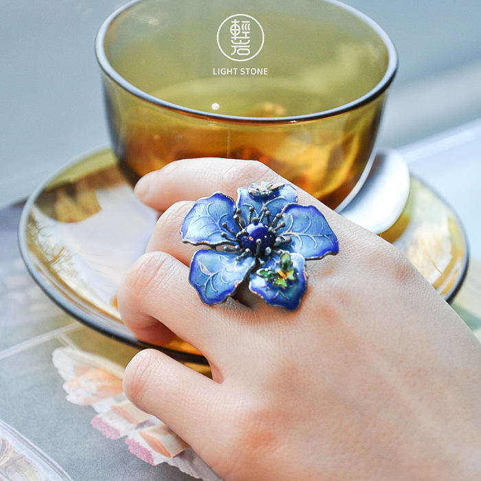 Blue Flower -Burning Blue Cloisonne Lazurite Silver Ring