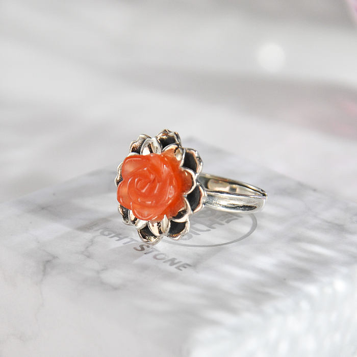 Flower - Red Agate Silver Ring