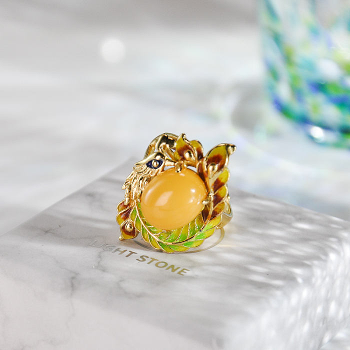 Colorful Phoenix -  Amber Silver Enameling Ring