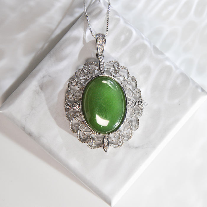 Vintage Flower - Chinese Green Hetian Jade Silver Necklace - Online Shop | LIGHT STONE