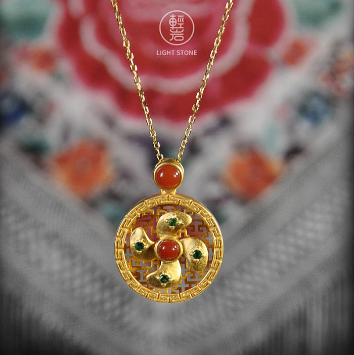 Gold Wheel- Red Agate Silver Necklace -Chinese Artisan Jewelry | LIGHT STONE