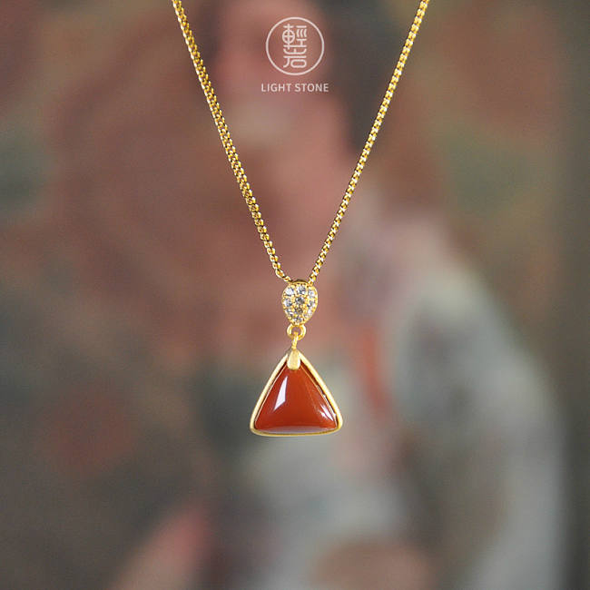 Triangle - Red Agate Silver Necklace