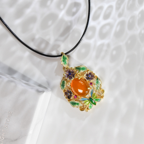 Butterfly in Forest - Cloisonne Enamel Silver Amber Necklace