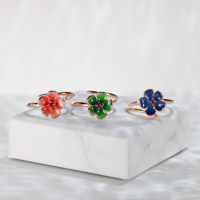 Chinese Artisan Jewellery - Plum Flower - Burning Blue Cloisonne Enamel Silver Ring | LIGHT STONE