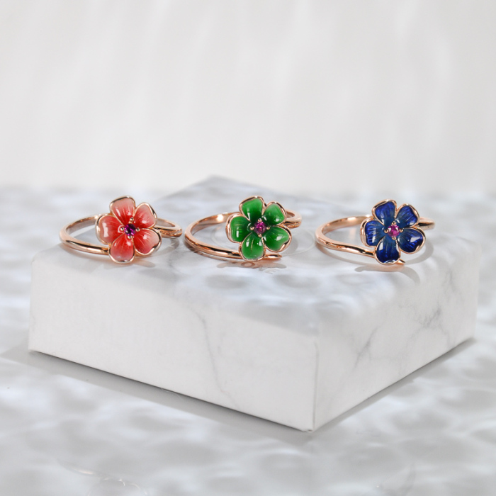 Chinese Artisan Jewellery - Plum Flower - Burning Blue Cloisonne Enamel Silver Ring | LIGHT STONE