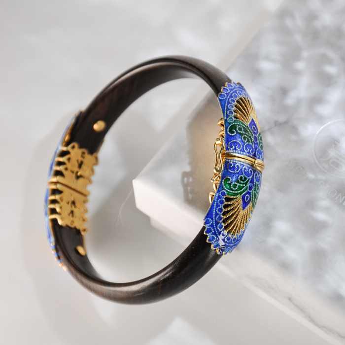 Forbidden City -Burning Blue Cloisonné Wood Bracelet