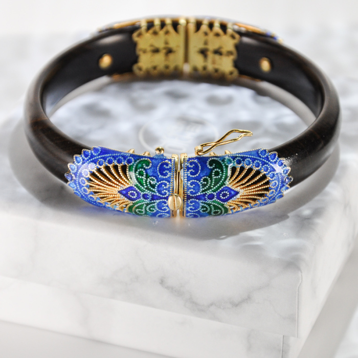 Forbidden City -Burning Blue Cloisonné Wood Bracelet