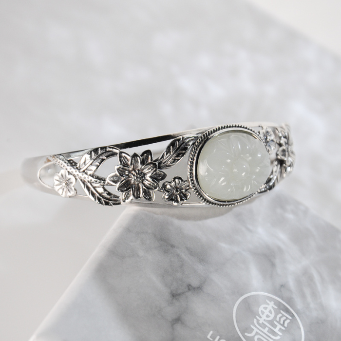 Royal Vintage Flower - Jade Silver Bangle