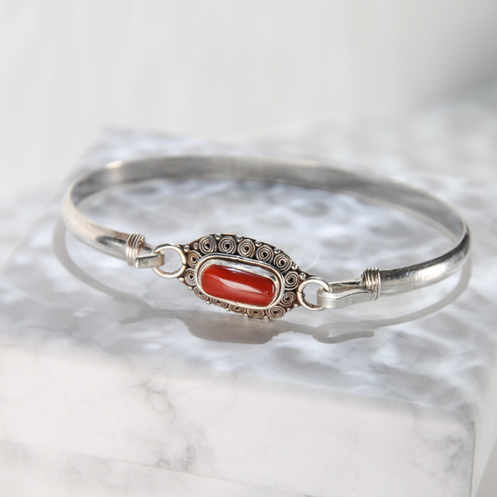 Flower - Red Coral Handmade Silver Bracelet