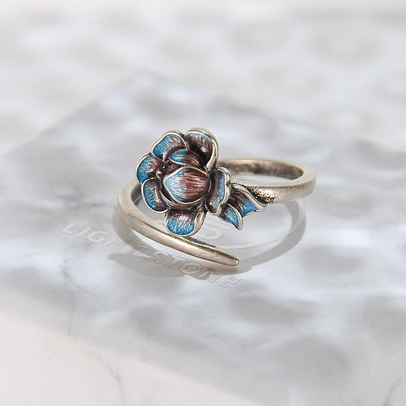 Peony - Burning Blue Cloisonné Silver Ring