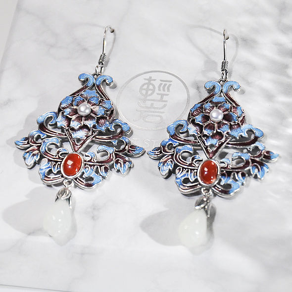 Forbidden City Flower - Cloisonne Silver Earrings