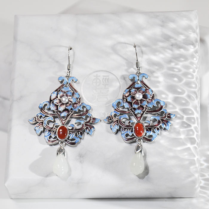 Forbidden City Flower - Chinese Cloisonne Silver Earrings - Online Shop | Light Stone
