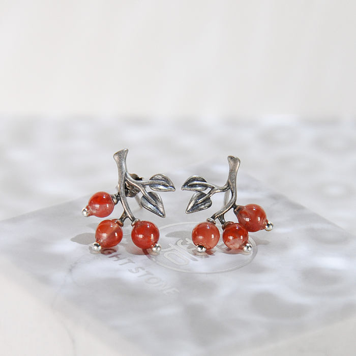 Chinese Artisan Jewelry -Cherry - Red Agate Silver Earrings| LIGHT STONE