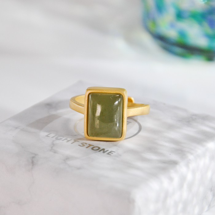 Rectangle - Green Jade Silver Ring