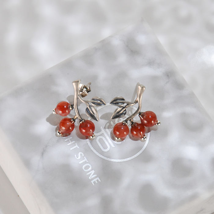 Chinese Artisan Jewelry -Cherry - Red Agate Silver Earrings| LIGHT STONE