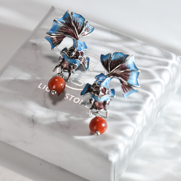 Goldfish - Burning Blue - Cloisonne Pearl Earrings