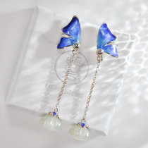 Blue Butterfly -  Cloisonné Jade Silver Earrings