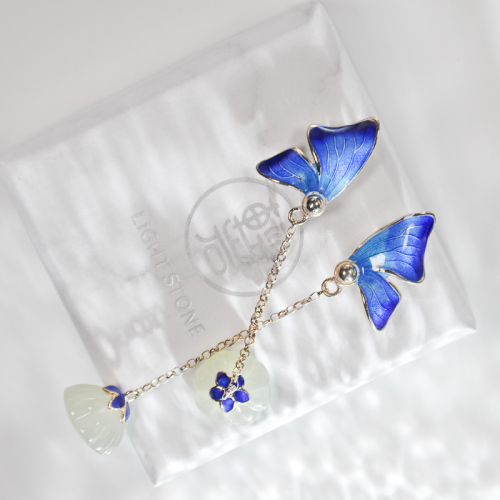 Blue Butterfly -  Cloisonné Jade Silver Earrings