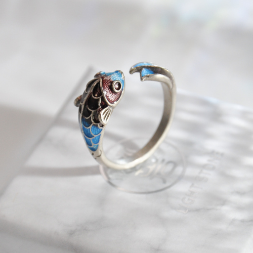 Fish - Burning Blue - Cloisonne Silver Ring