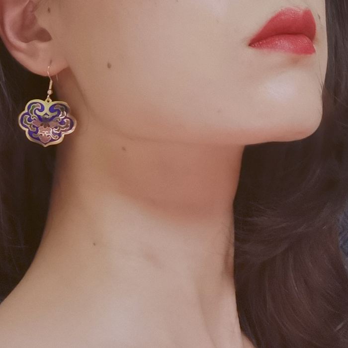 Lucy Clouds - Dark Blue  -  1990s Vintage Handmade Cloisonne Earrings | Light Stone