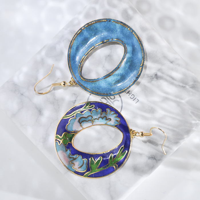 World Under Water - Blue -  1990s Vintage Handmade Cloisonne Earrings | Light Stone