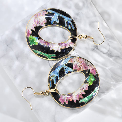 World Under Water - Black Pink - Vintage Jingtai Blue Cloisonne Earrings