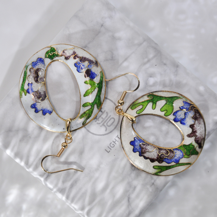 World Under Water - Blue - 1990s Vintage Handmade Cloisonne Earrings | Light Stone