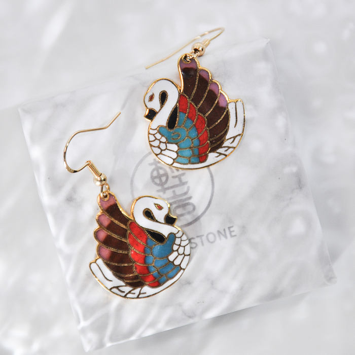 Duck - Vintage Jingtai Blue Cloisonne Earrings | Light Stone
