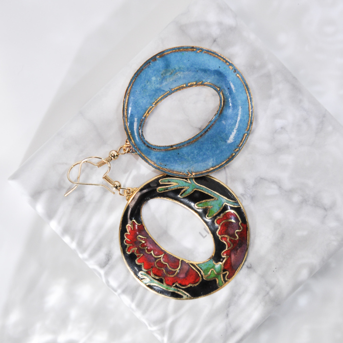 World Under Water - World Under Water - Black & Red - Vintage Jingtai Blue Cloisonne Earrings -  1990s Vintage Handmade Cloisonne Earrings | Light Stone
