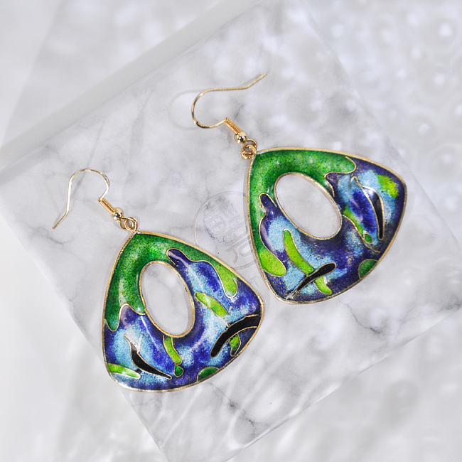 Grass - Deep Blue&Green - Vintage Jingtai Blue Cloisonne Earrings