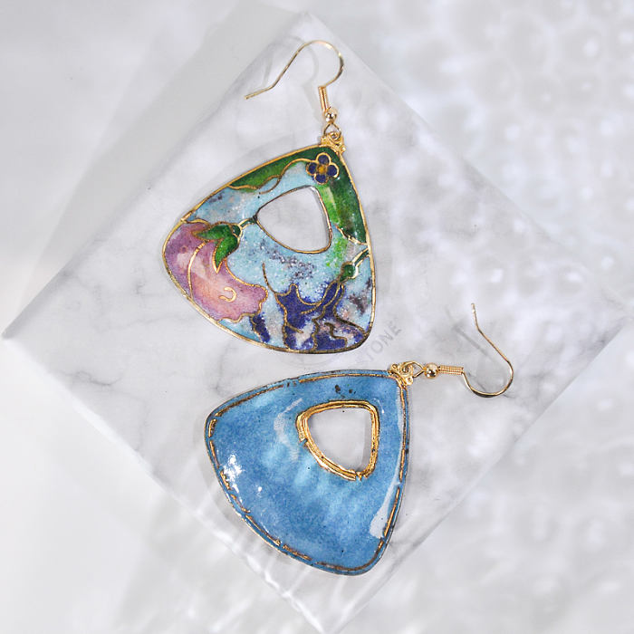 Garden - Pink & Blue - Vintage Jingtai Blue Cloisonne Earrings