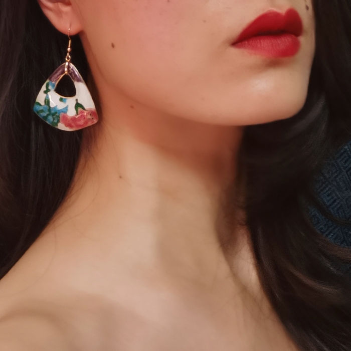 Garden - Blue and Red - Vintage Jingtai Blue Cloisonne Earrings
